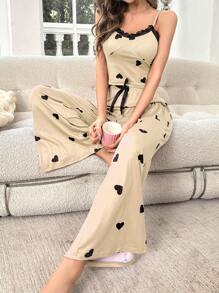 Heart Print Lace Trim Cami Top & Bow Front Pants PJ Set / Pajama Set