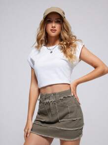 SHEIN EZwear Raw Hem Váy Denim - Cà phê nâu - Xem 3