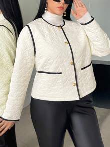 SHEIN Privé Plus Contrast Binding Quilted Coat - Beige - View 3