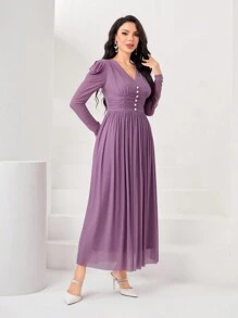 Modelyn Puff Sleeve Button Front Dress Long Evening Dresses - Dusty Pink - View 3