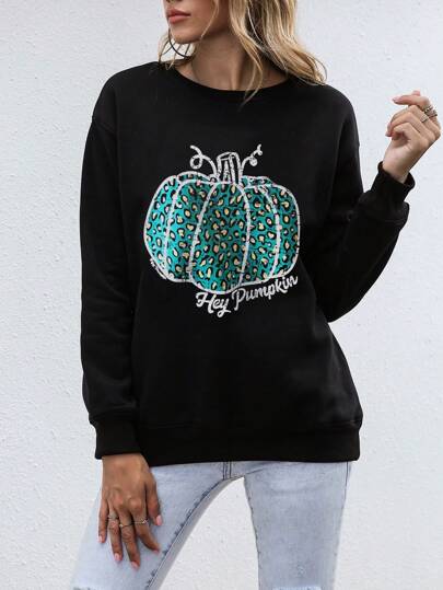 Simplee Felpe con stampa zucca spalle cadenti