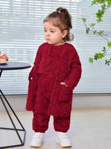 SHEIN 3件套女婴休闲舒适纯色长款毛绒开衫、无袖背心和松紧腰长裤套装 - 酒紅色 - 查看 5