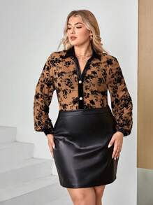 SHEIN Privé Plus Áo lưới tay áo in hoa không có áo ngực - Màu Khaki - Xem 6