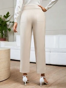 SHEIN Privé High Waist Belted Straight Leg Pants - Apricot - View 3
