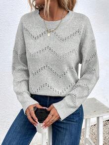 SHEIN LUNE Dệt kim chấm bi Thả vai Áo len - Màu Xám nhạt - Xem 3