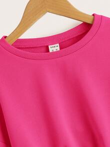 SHEIN Tween Girl Solid Drop Shoulder Crop Sweatshirt - Hot Pink - View 4