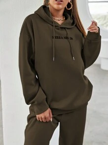 Cloudara Sudadera con capucha y pantalones deportivos con bordado de letras y hombros caídos - Verde militar - Ver 5