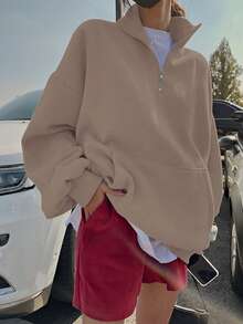 DAZY Half Zip Kangaroo Pocket Drop Shoulder Sweatshirt - Khaki - View 3