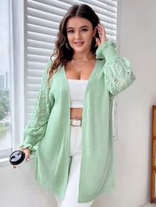 Celure 大码镂空针织荷叶边袖开衫 - 綠色 - 查看 4