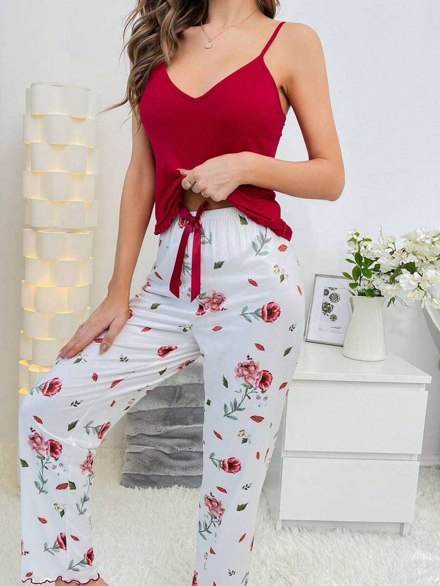 CottageSlumber Cami Top And Bow Front Floral Sleep Pants PJ Set / Pajama Set Bow Tie - Burgundy - View 1