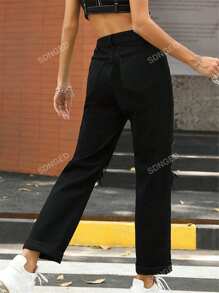 High Waist Ripped Straight Leg Jeans