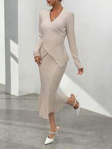 SHEIN Privé Solid Ribbed Knit Wrap Cross Tee & Mermaid Hem Skirt - Apricot - View 3