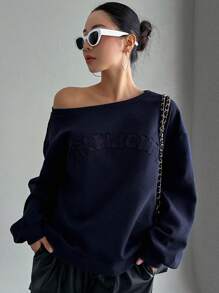 DAZY 字母壓紋落肩袖運動衫 - 藏蓝色 - 查看 1