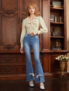 SHEIN MOD Tie Front Lantern Sleeve Knot Front Crop Blouse - Apricot - View 4