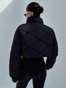 字母拼饰按扣夹棉大衣 - 黑色 - 查看 8