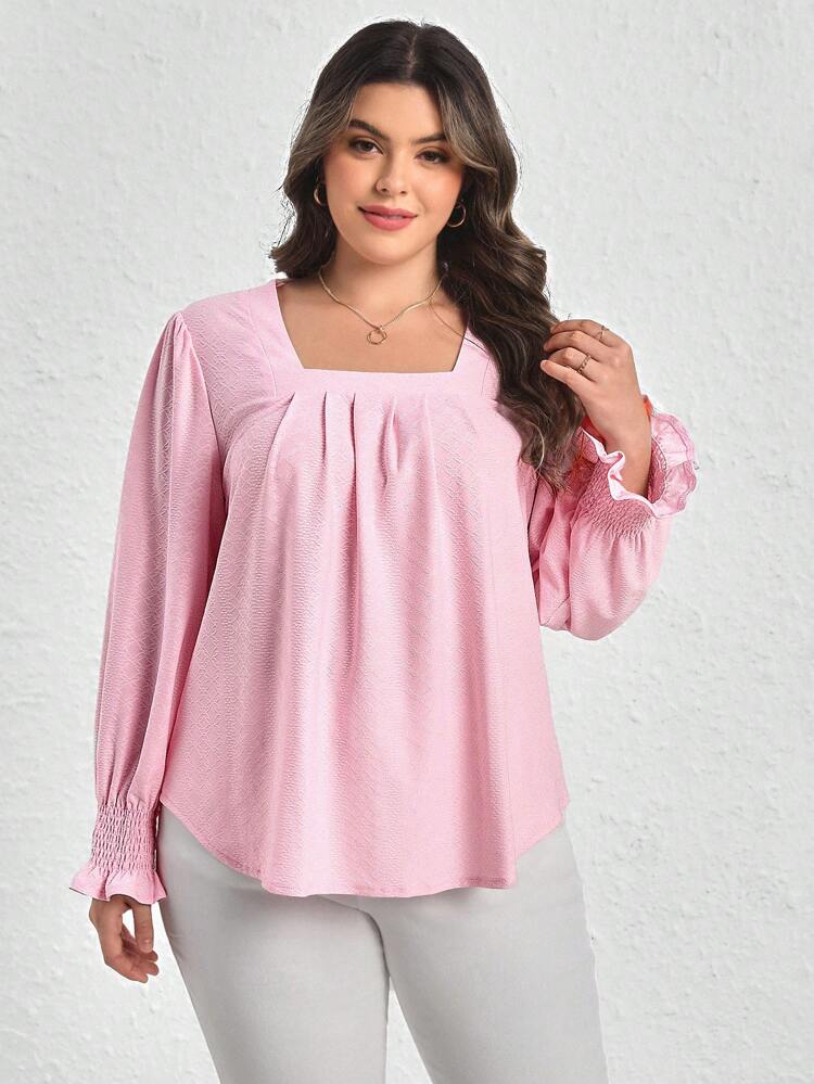 Plus Square Neck Flounce Sleeve Tee Fall Cloth For Women