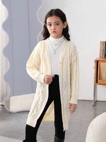 SHEIN Tween Girl Drop Shoulder Cable Knit Duster Cardigan - Apricot - View 6