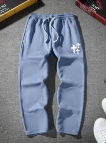 Manfinity Homme 鬆身男士運動長褲,十字印花和束口腰帶設計 - 霧霾藍 - 查看 3