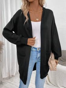 SHEIN LUNE Dual Pocket Drop Shoulder Open Front Hooded Cardigan - Black - View 3