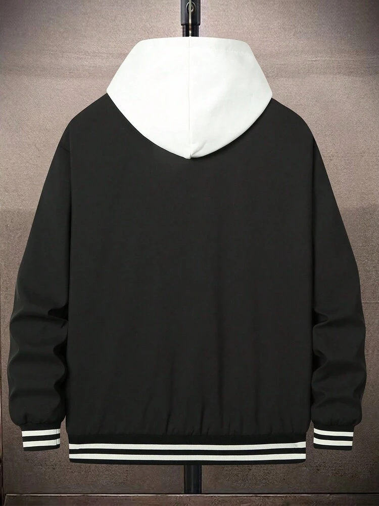 Loose Fit Men's Striped Trim Floral & Letter Print Bomber Jacket Without Hood