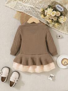 SHEIN Baby Girl Two Tone Ruffle Hem Sweater Dress - Khaki - View 2