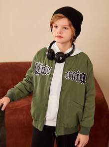 Cậu bé Tween Đồ họa Chữ cái Thả vai Dây kéo Áo khoác bomber Không có áo Hoodie - màu xanh lá - Xem 1