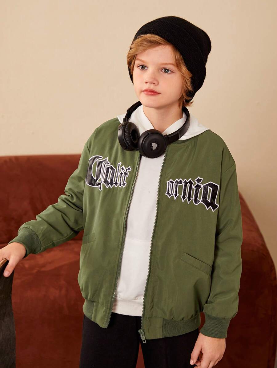 Cậu bé Tween Đồ họa Chữ cái Thả vai Dây kéo Áo khoác bomber Không có áo Hoodie - màu xanh lá - Xem 1