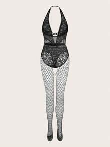 Spicy Aura Women Sexy Lingerie Kontras Lace Criss Cross Memotong Plain - Hitam - View 2