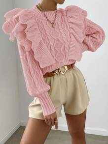 Chiquease Ruffle Trim Cable Knit Sweater Knit Pullover Fall Winter Outfit - Baby Pink - View 1