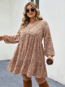 SHEIN LUNE Plus Fall Outfits Ditsy Print Lantern Sleeve Ruffle Hem Smock Dress For Fall Fall Women Clothes,Beach Dress Sundress,Holiday Outfits Boho - Multicolor - View 6