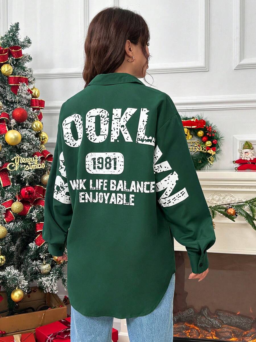 SHEIN Unity 標語圖案落肩袖襯衫 - 綠色 - 查看 1