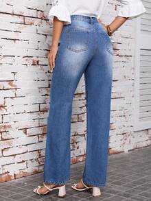 SHEIN LUNE 紐扣門襟破洞直筒牛仔褲 - 藍色 - 查看 2