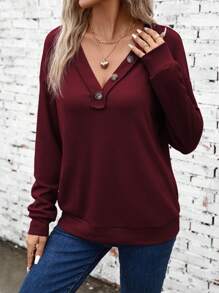 SHEIN LUNE 紐扣細節落肩袖運動衫 - 酒紅色 - 查看 6