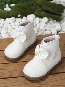女童甜美仙女風短靴 蝴蝶結蕾絲裝飾 秋冬時尚保暖 - 白色 - 查看 2