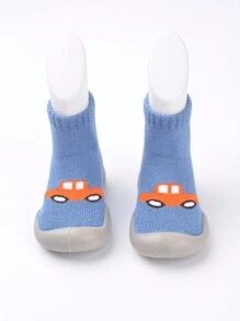 Pantuflas casuales para el hogar de suela blanda, cómodas y sencillas con patrón de coche de dibujos animados azul para niños (patrón aleatorio) - Azul - Ver 1