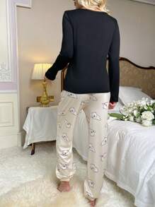 Cartoon Graphic Tee & Bow Front Pants PJ Set - Black - View 2