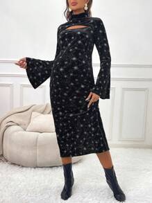 SHEIN Váy xòe tay loe in hình ngôi sao cho bà bầu phía trước - màu đen - Xem 5