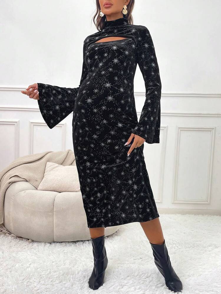 Maternity Star Print Cut Out Front Flare Sleeve Dress