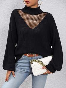 SHEIN Essnce Contrast Fishnet Mock Neck Drop Shoulder Sweater - Black - View 5