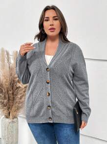 EMERY ROSE 大碼絞花針織鈕扣前開衫 - 灰色 - 查看 1