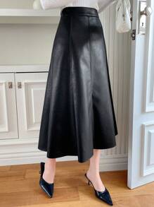 DAZY 高腰PU皮革喇叭裙 - 黑色 - 查看 5