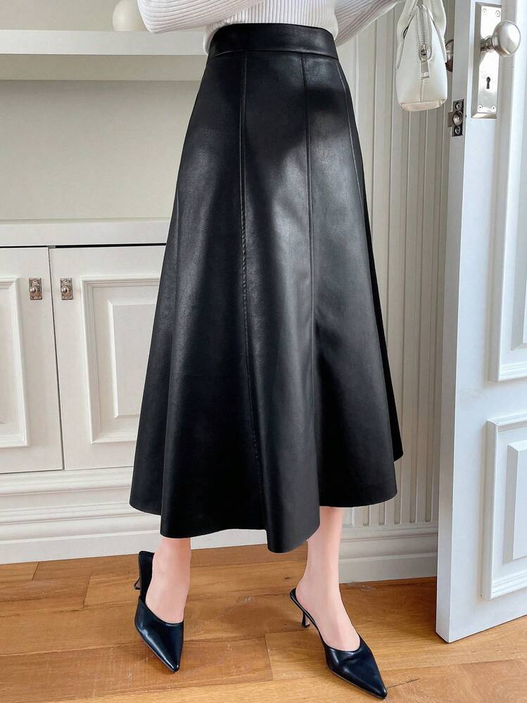 DAZY 高腰PU皮革喇叭裙 - 黑色 - 查看 5