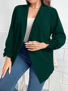 SHEIN Clasi Plus Shawl Collar Ruched Sleeve Open Front Blazer - Dark Green - View 6