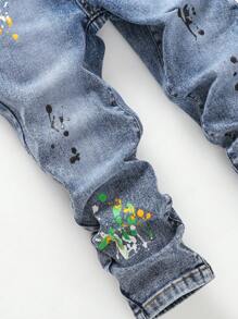 SHEIN Explorewe Young Boy Paint Splatter Pattern Slant Pocket Jeans - Medium Wash - View 5