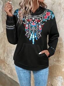 SHEIN LUNE Floral Print Kangaroo Pocket Drop Shoulder Hoodie - Black - View 6