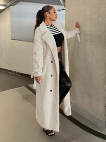SHEIN SXY Double Breasted Belted Longline Teddy Coat - Beige - View 5