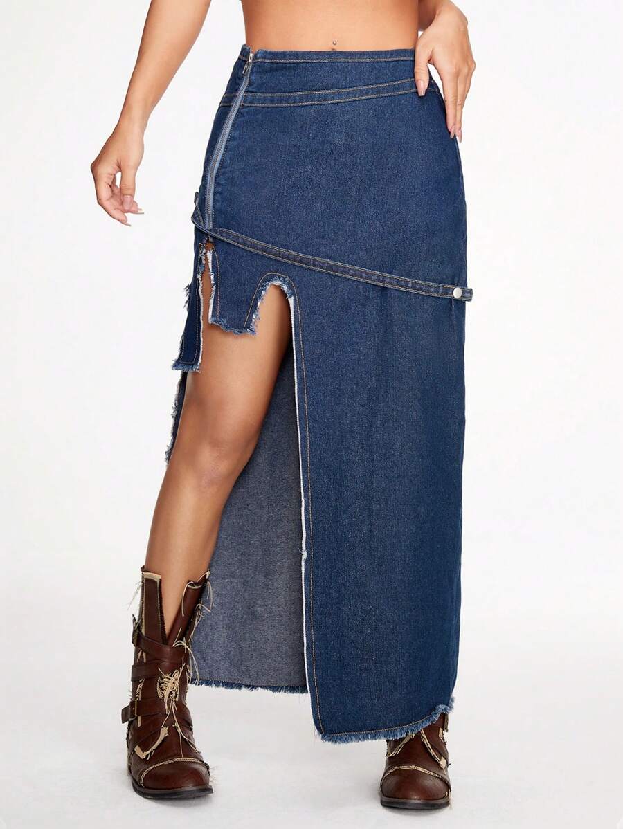 SHEINNeu 毛邊緣不對稱下擺牛仔半身裙 - 藍色 - 查看 1