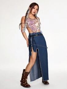 SHEINNeu 毛邊緣不對稱下擺牛仔半身裙 - 藍色 - 查看 5