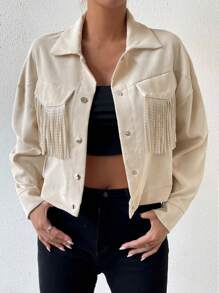Chiquease Chaqueta corta con hombros caídos y bolsillo con solapa y ribete de flecos - Beis - Ver 3