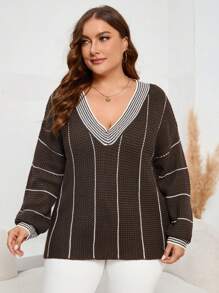 SHEIN LUNE 加大码条纹图案落肩针织套头衫秋冬毛衣 - 咖啡棕 - 查看 6